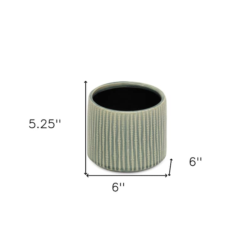 HomeRoots 6" Green Striped Ceramic Indoor Outdoor Round Pot Planter
