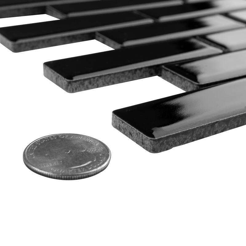 Merola Tile Metro Brick Subway Glossy Black 11-1/2" x 11-3/4" Porcelain Mosaic Floor and Wall Tile
