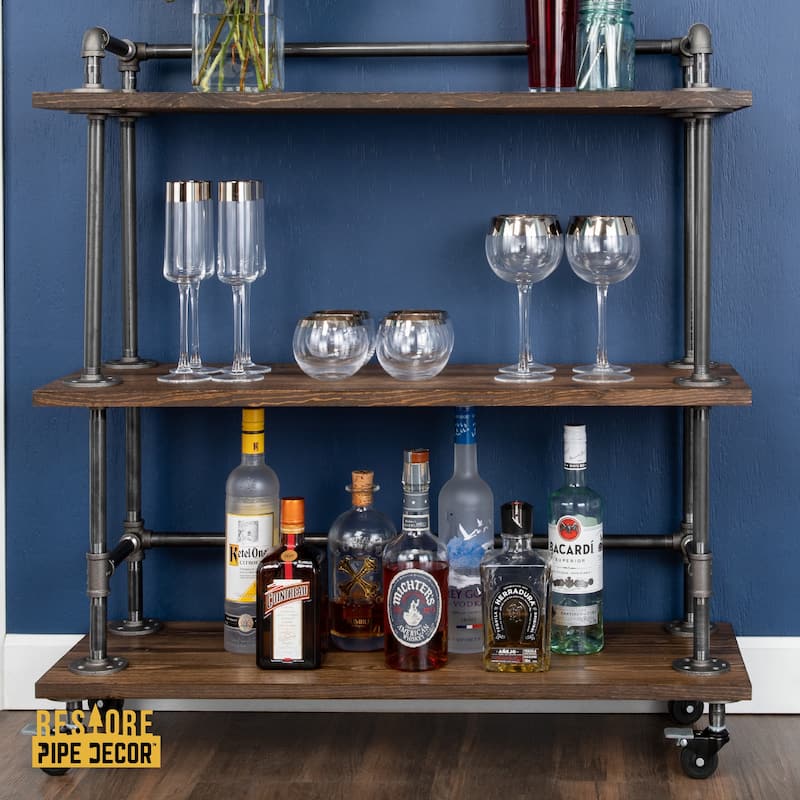 Restore by PIPE DECOR Industrial 3 Tier Solid Wood & Steel Pipe Bar Cart with Wheels