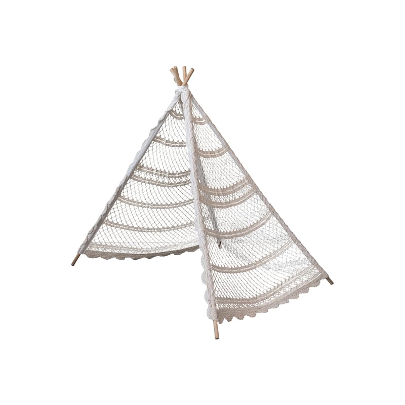 Reclaimed Cotton Crocheted and Teakwood Teepee with Mat - 40.0"L x 40.0"W x 43.5"H