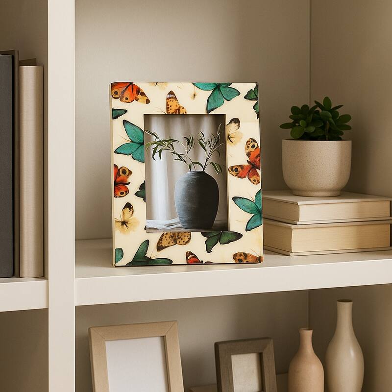 Wood Resin Butterflies Photo Frame Decor - Ivory - 9.0"