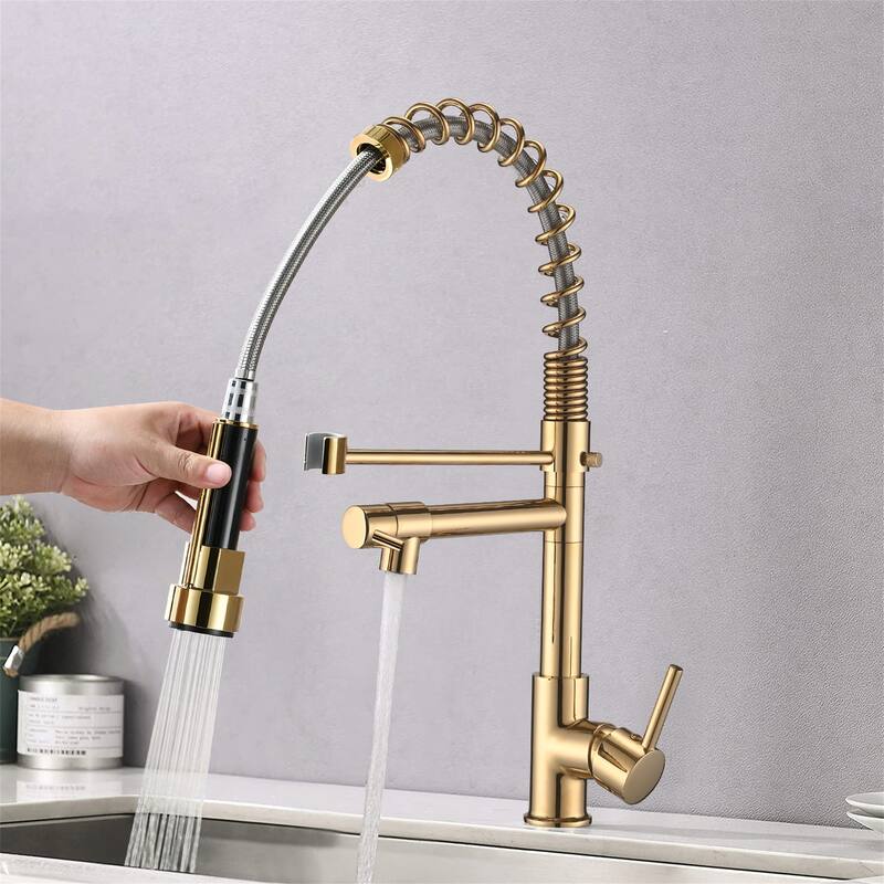 Commercial Pull Down Kitchen Sink Faucet Polished Gold Single Handle Kitchen Faucets With Sprayer Stainless Steel Laundry Taps