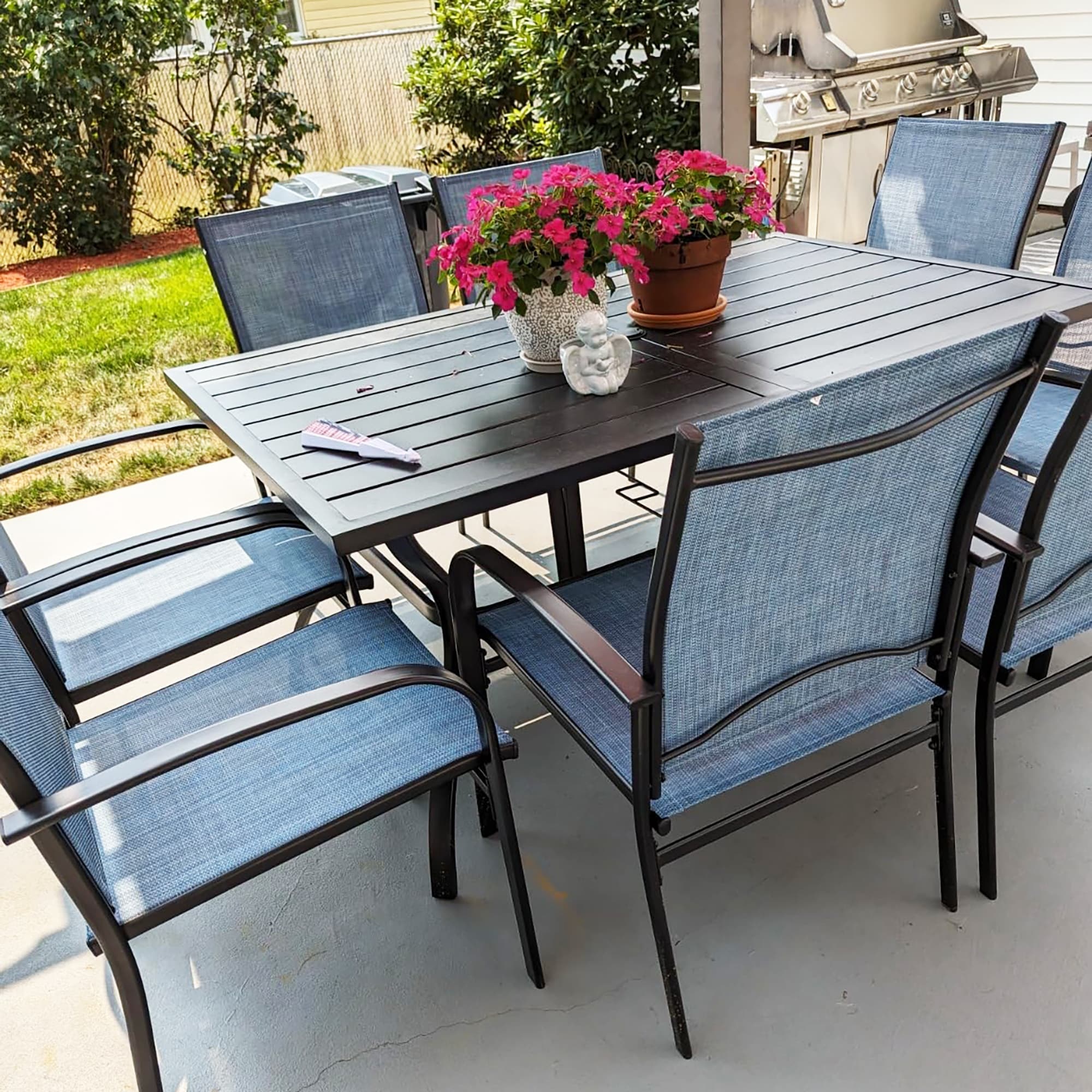 MAISON ARTS 7 Pieces Patio Dining Set Metal Rectangle Table and 6 Textilene Dining Chairs