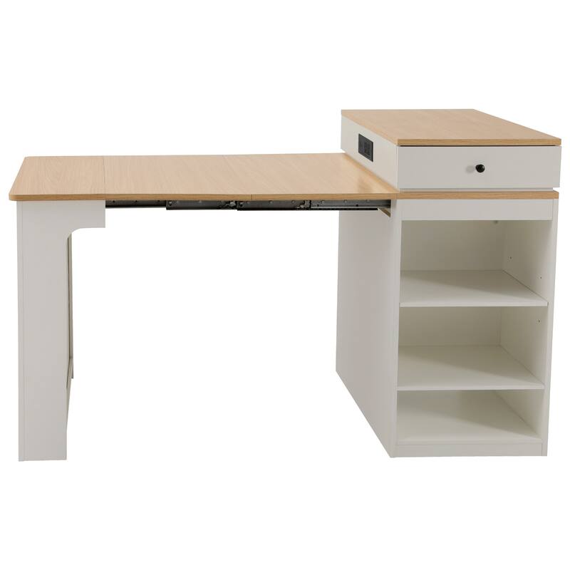 Kitchen Island with Extendable Dining Table, Kitchen Storage Table with 2 Drawers, Power Outlet, Open Shelves, for Diningroom