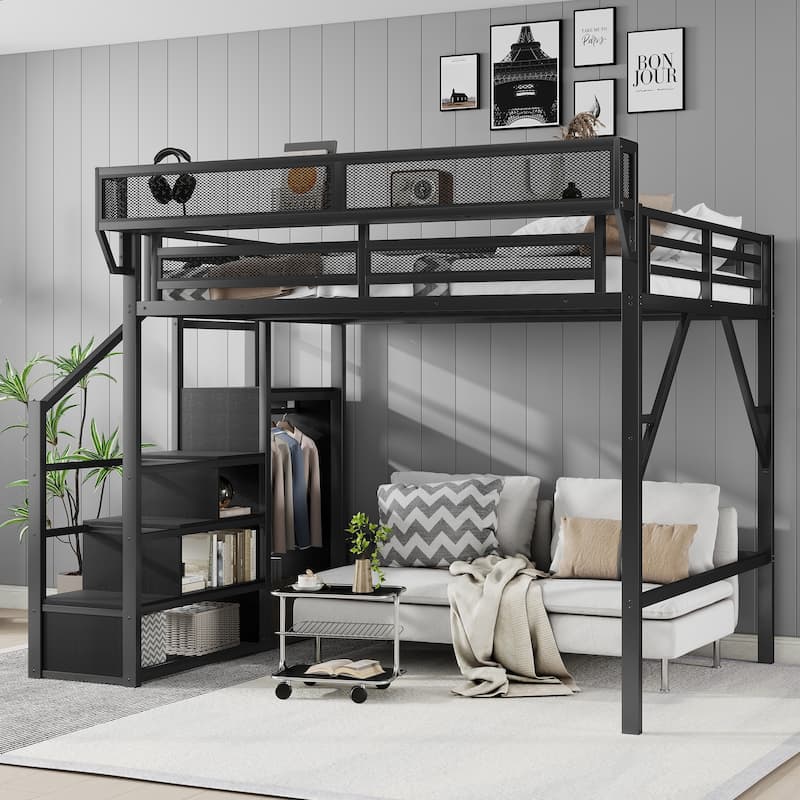 Queen Size Loft Bed with Stairs, Metal Queen Loft Bed with Storage Shelves, High Loft Bed with Wardrobe for Kids Teens Adults - Black