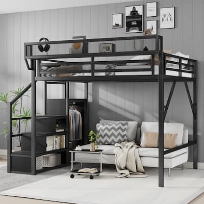 Queen Size Loft Bed with Stairs, Metal Queen Loft Bed with Storage Shelves, High Loft Bed with Wardrobe for Kids Teens Adults