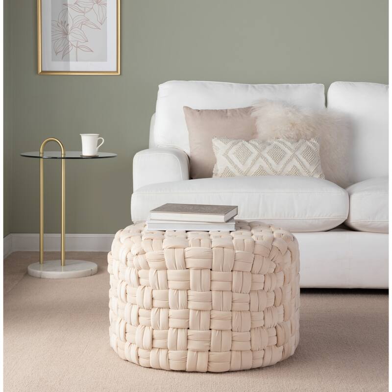 Braided Round 24" Ottoman in Blush Velvet by LumiSource - Cream