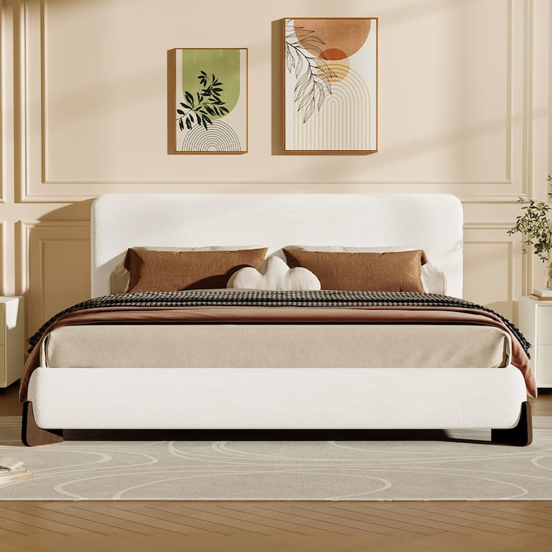 King Size Bed Frame with Headboard, Upholstered Platform Bed with Wood Slats, No Box Spring Needed - White-King