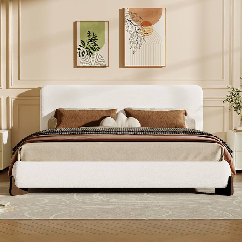 King Size Upholstered Bed Frame Platform Bed with Headboard & Sturdy Dark Brown Wood Legs/Wood Slats Support/Easy Assembly/White