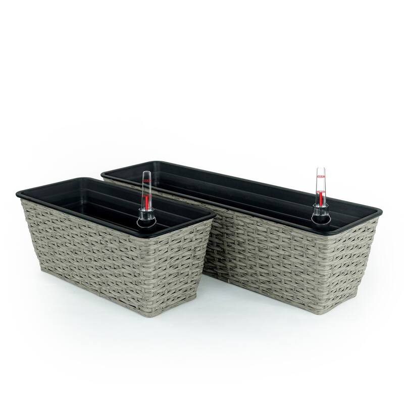 GDFStudio - Farmhouse 2-Piece Indoor/Outdoor Wicker Smart Self-Watering Rectangular Planter Pots with Water Level Indicator