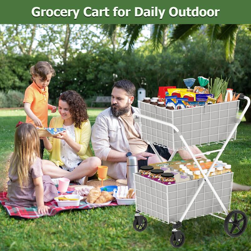 Foldable 2 Layers Grocery Shopping Cart with Double Basket and 360 Rolling Swivel Wheels