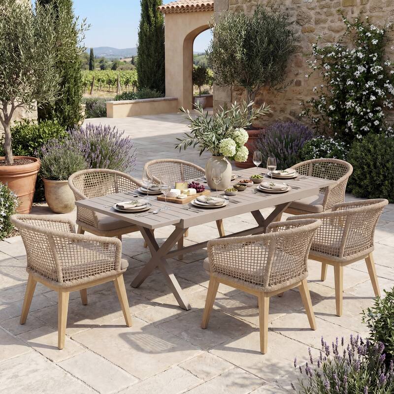 Expandable Aluminum Outdoor Dining Table with 6 Rope Woven Chairs - Fine rope braiding