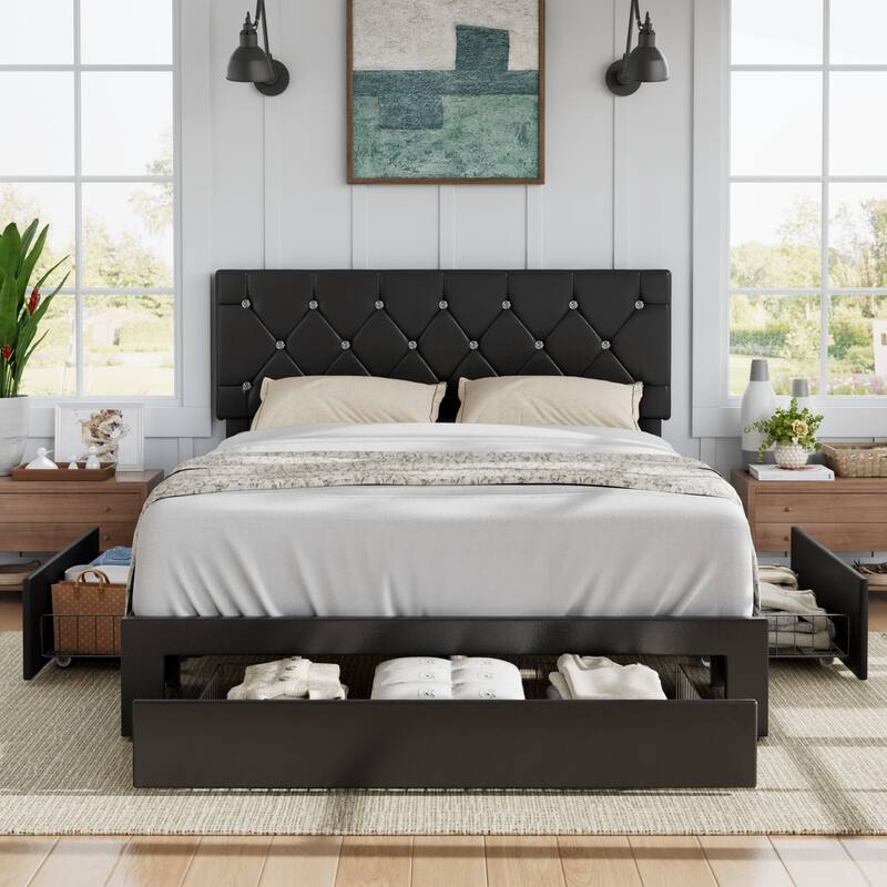 VECELO Bed Frame with Storage Drawers, Leather Upholstered with Diamond Tufted Headboard, Solid Wood Slat Support - Black - Queen