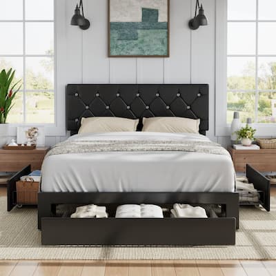 VECELO Bed Frame with Storage Drawers, Leather Upholstered with Diamond Tufted Headboard, Solid Wood Slat Support