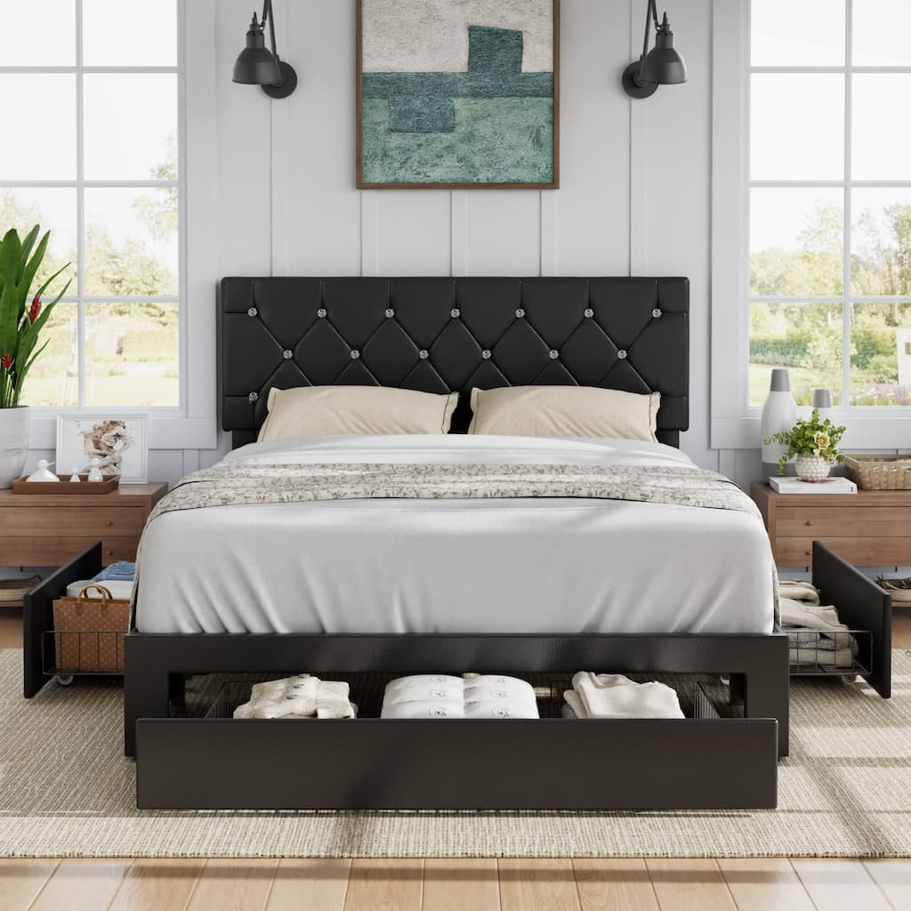 VECELO Bed Frame with Storage Drawers, Leather Upholstered with Diamond Tufted Headboard, Solid Wood Slat Support