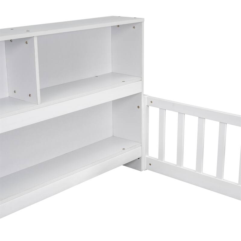 Twin Floor Bed with Bedside Bookcase,Shelves,Guardrails