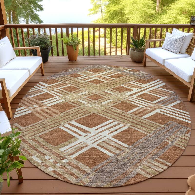 Machine Washable Indoor/ Outdoor Modern Trellis Chantille Rug - Paprika - 8' x 8'