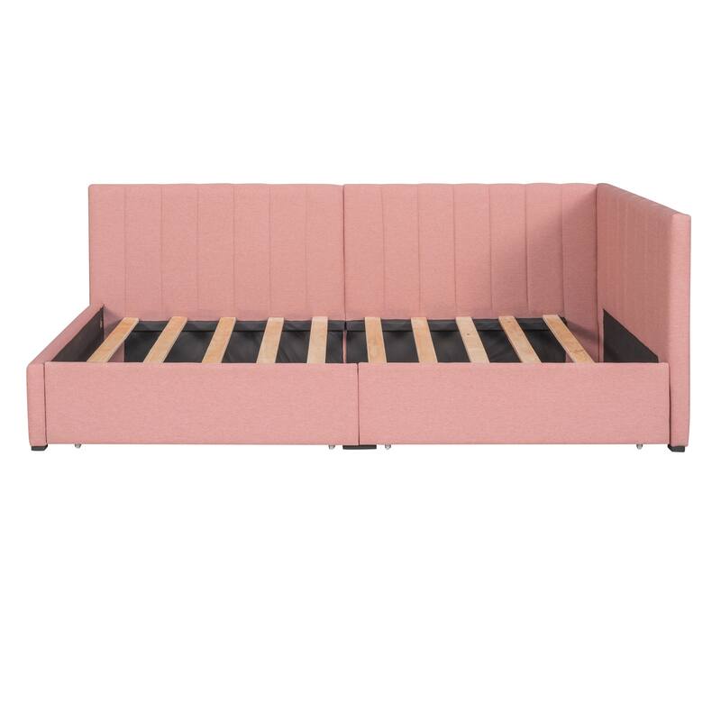 Semi-Closed Platform Bed Twin Size Upholstered Daybed with Storage Drawers, Linen Fabric Sofa Bed Frame with Wood Slat Support