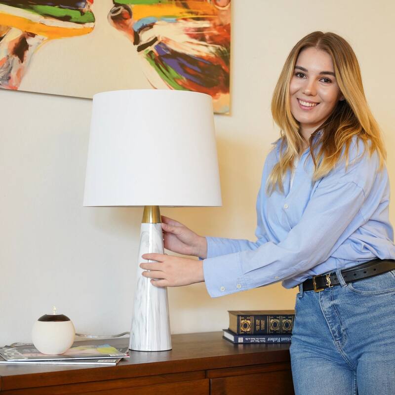 Enclave Hydro White Table Lamp with On/Off Switch Faux Marble Base Fabric Shade