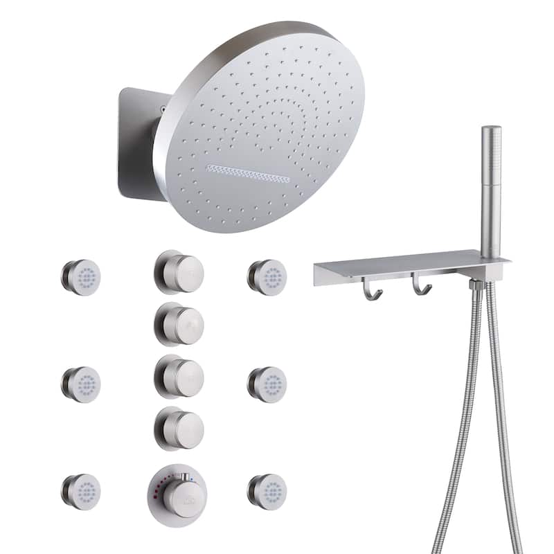 CASAINC Thermostatic 4 Functions 12 inch Rainfall Showerhead with Handheld Spray & 6 Body Jets Set Rain Shower System - Brushed Nickel