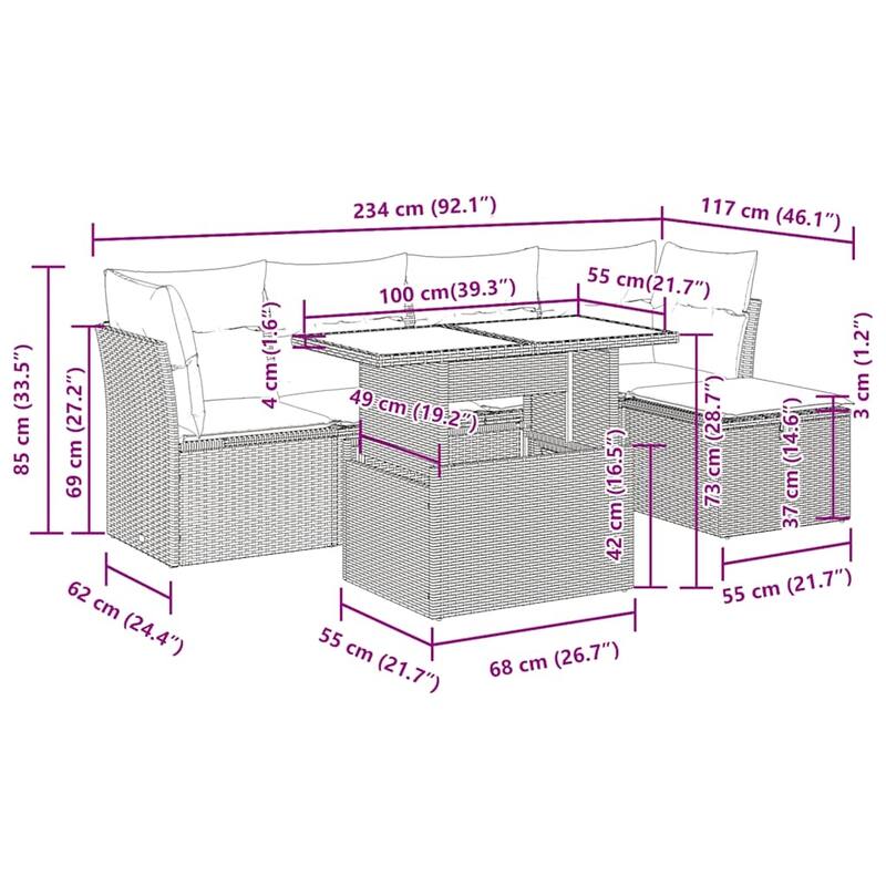vidaXL Patio Sofa Set with Cushions Modular Outdoor Seating 6 Piece Poly Rattan