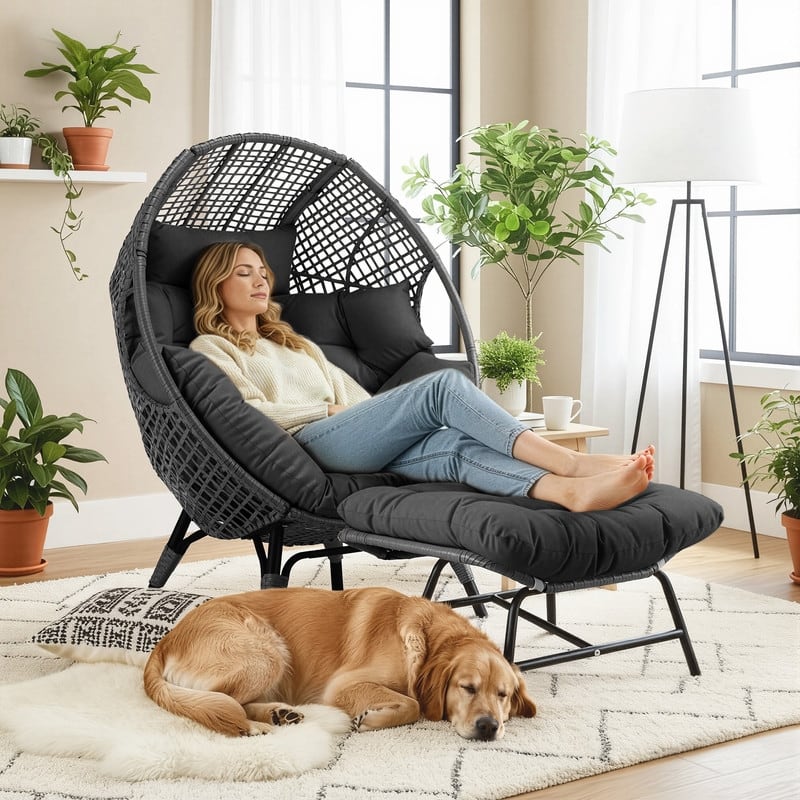 Outdoor Wicker Egg Chair with Ottoman, 6.5" Cushions, 440 lb Capacity