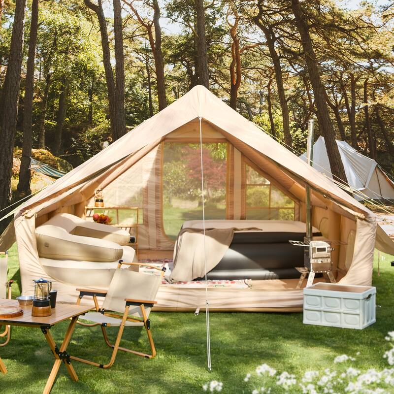 Erommy Inflatable Camping Tent, Glamping Tents 4 Season Waterproof Windproof Cotton Tent with Stove Jack & Mesh Windows & Pump