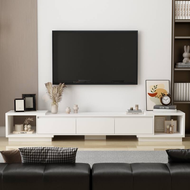 Modern Style Extendable TV Stand with 3Drawer White/Black 65.4"-106.3" Entertainment Center Table