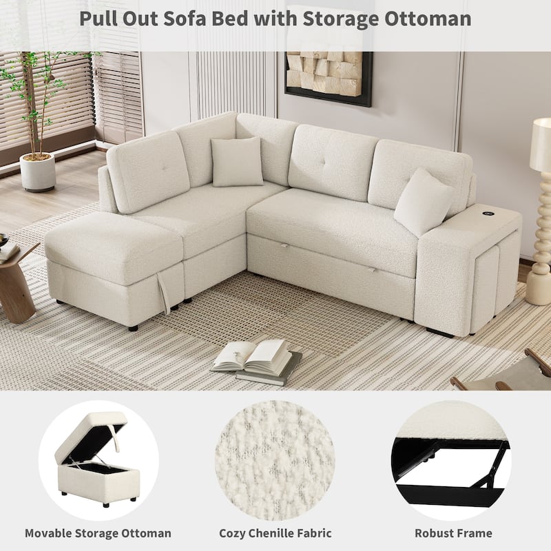 87.7" Convertible Sleeper, Sectional Pull Out Sofa Bed with Storage Ottoman, 2 Throw Pillows, 2 Stools, Wireless Charger and Two