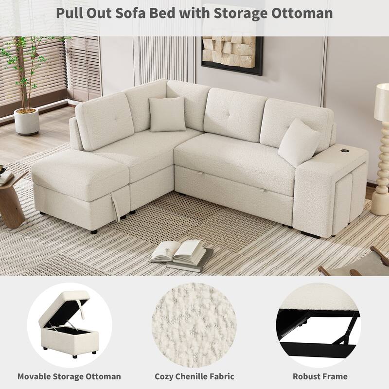 Convertible Sleeper,Sectional Pull Out Sofa Bed with Storage Ottoman,2 Throw Pillows,2 Stools,Cream