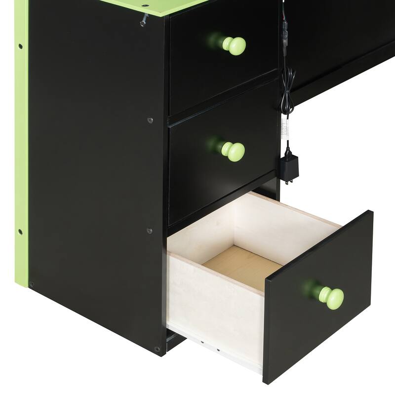 Full Size Wood Loft Bed with Desk, Ample Storage Space and Light