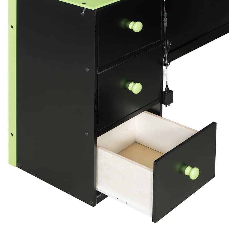 Full Size Wood Loft Bed with Desk, Storage & Light