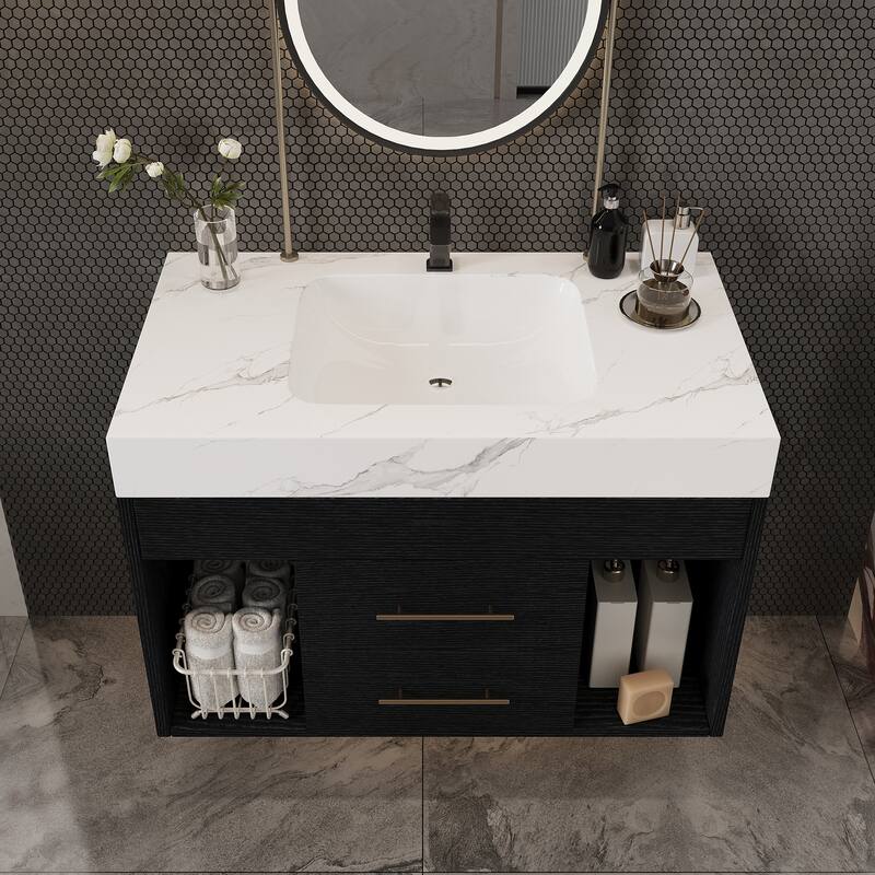 29.9" Modern Floating Bathroom Vanity - Sintered Stone Top with Ceramic Undermount Sink, Wall-Mounted for Small Bathrooms