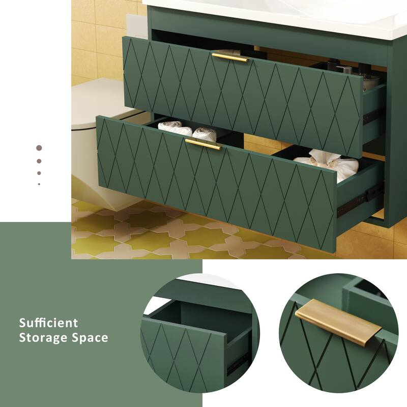 Roomfitters 30" Floating Bathroom Vanity with Resin Sink, Wall Mounted Storage Cabinet with 2 Drawers, Green