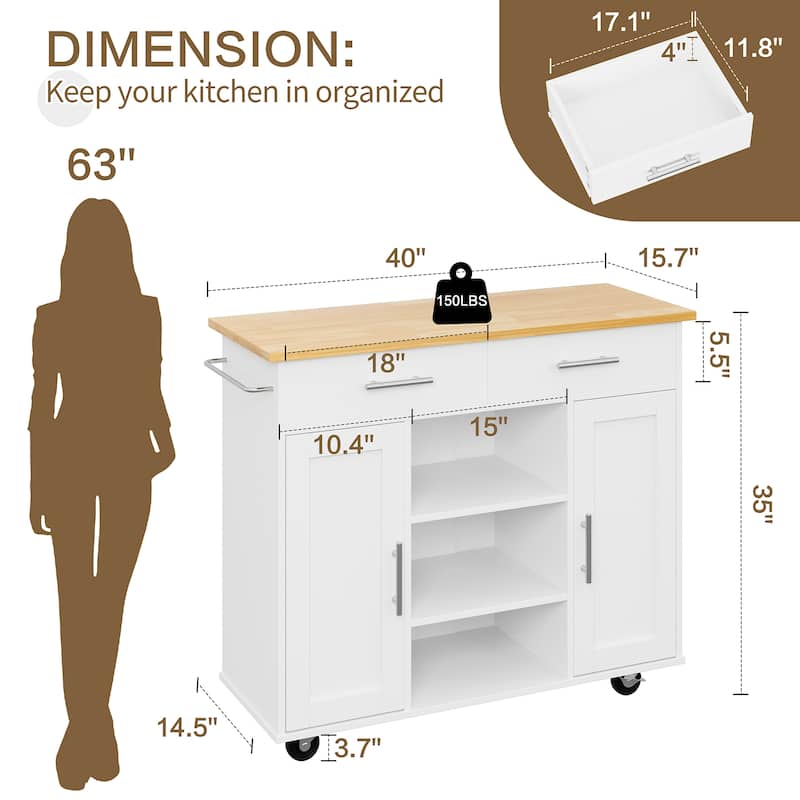 Rolling Kitchen Island with Storage Cabinet & Drawers - Rubber Wood Top for Dining & Kitchen Storage