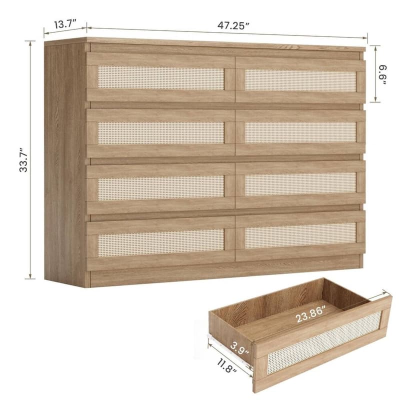 8 Drawer Rattan Double Storage Dresser for Bedroom