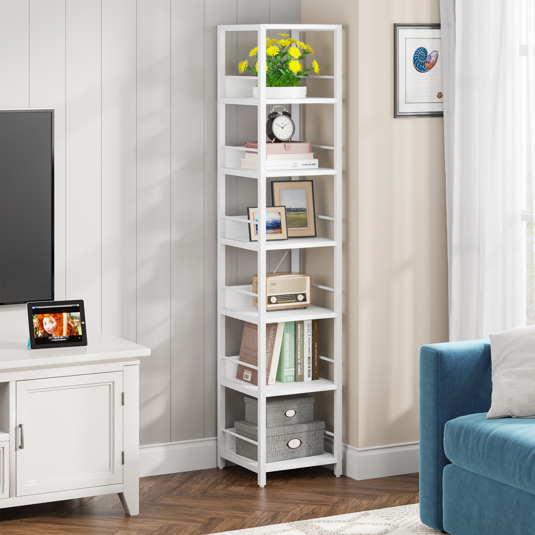 Wood and Metal 75 Inch Corner Shelves, Multipurpose Storage Shelf