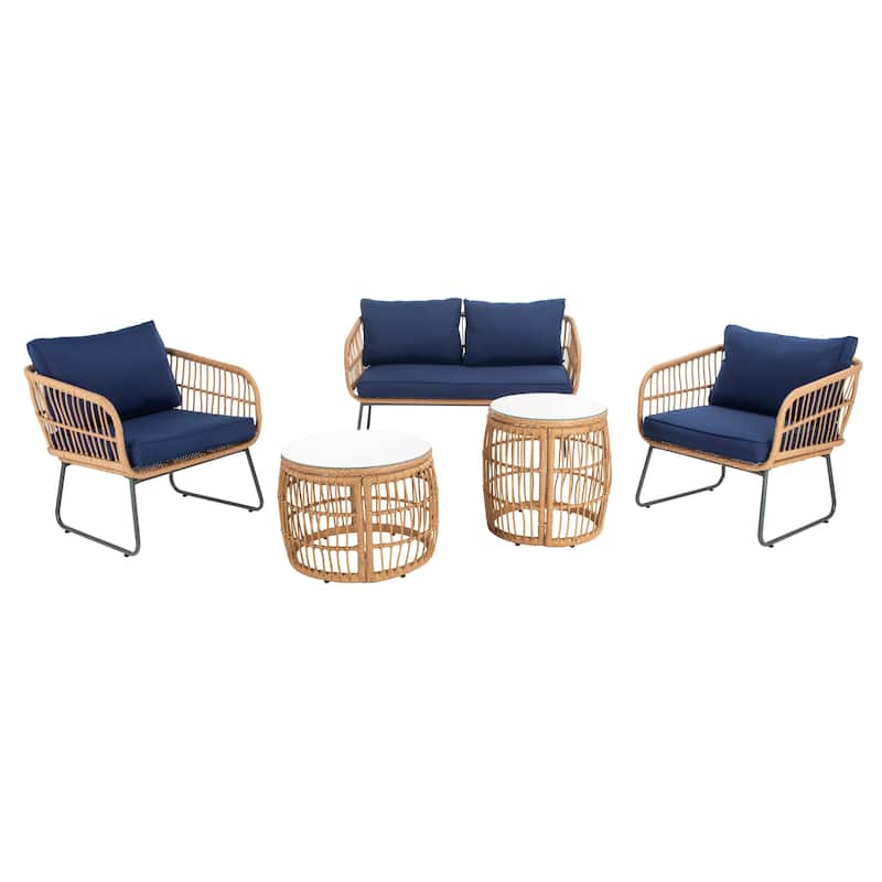 SAFAVIEH Outdoor Leyla 5-Piece Living Set - 50W x 28D x 28H - Natural/Navy