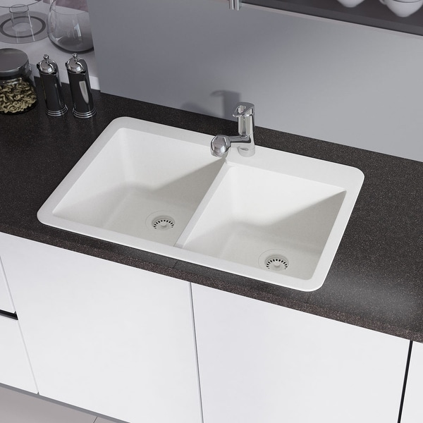 R3-2001 Topmount Offset Granite Quartz Kitchen Sink with Two Grids and Matching Colored Strainer and Flange. Opens flyout.