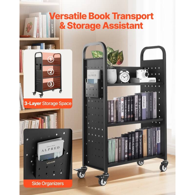Black 3-Tier Rolling Book Cart with Locking Casters and Large Capacity - 30.3 x 15 x 48.0 in