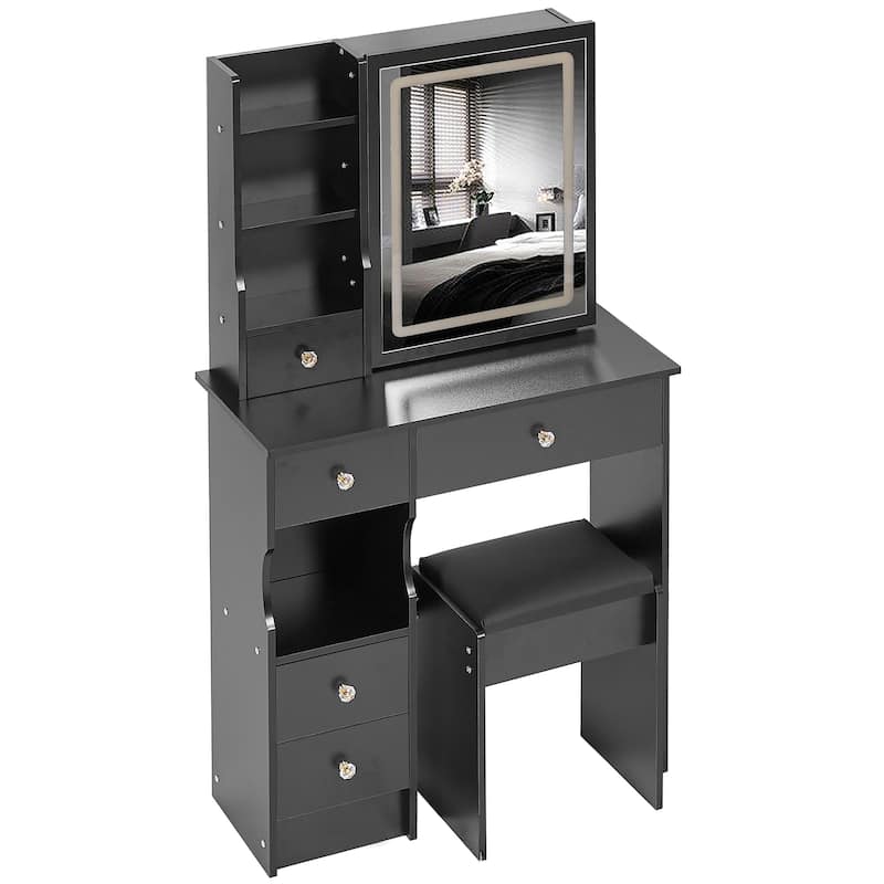 29.2" Small Size Left Drawer Desktop Vanity Table + Cushioned Stool, Large Sliding, Touch Control, Tri-color Switching