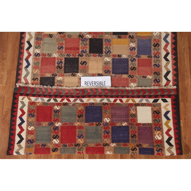 Checkered Kilim Qashqai Persian Vintage Rug Flatweave Wool Carpet - 4'6"x 7'8"
