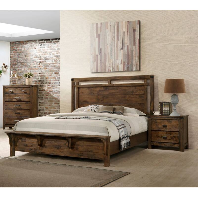 Rustic Industrial Style Queen Size Panel Bed with Built-in Bench Footboard, Solid Wood