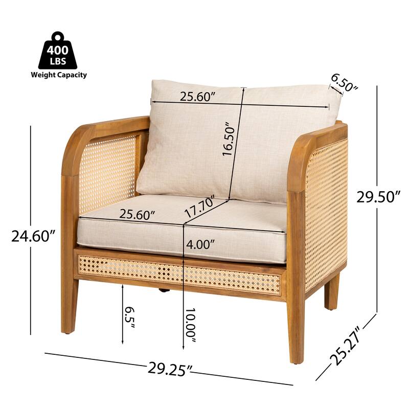 Roomfitters Kirkby Outdoor Acacia Wood Arm Chair with Wicker Back and Cushion, Teak Finish and Beige