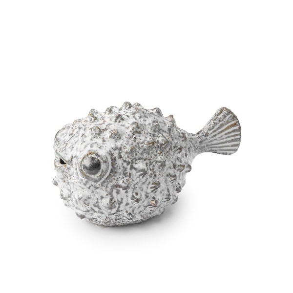 Mercana Spike I (7.5"L) ceraic puffer fish n white, blue and gold - 7.5L x 4.3W x 4.5H