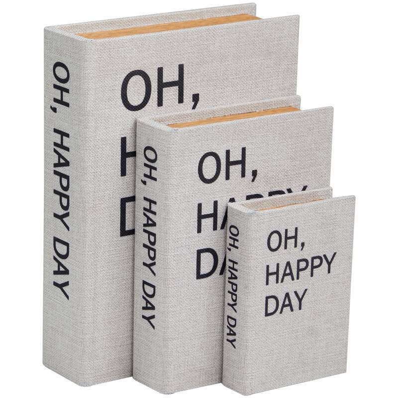 Light Gray Linen Fabric Storage Book Decorative Box with Typography and Gold Page Inspired Detail (Set of 3)