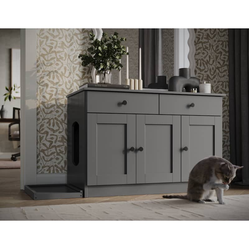 Palace Imports 100% Solid Wood Ziva 3-Door Cat Litter Box Enclosure with 2-Drawers and Litter Catch - Gray