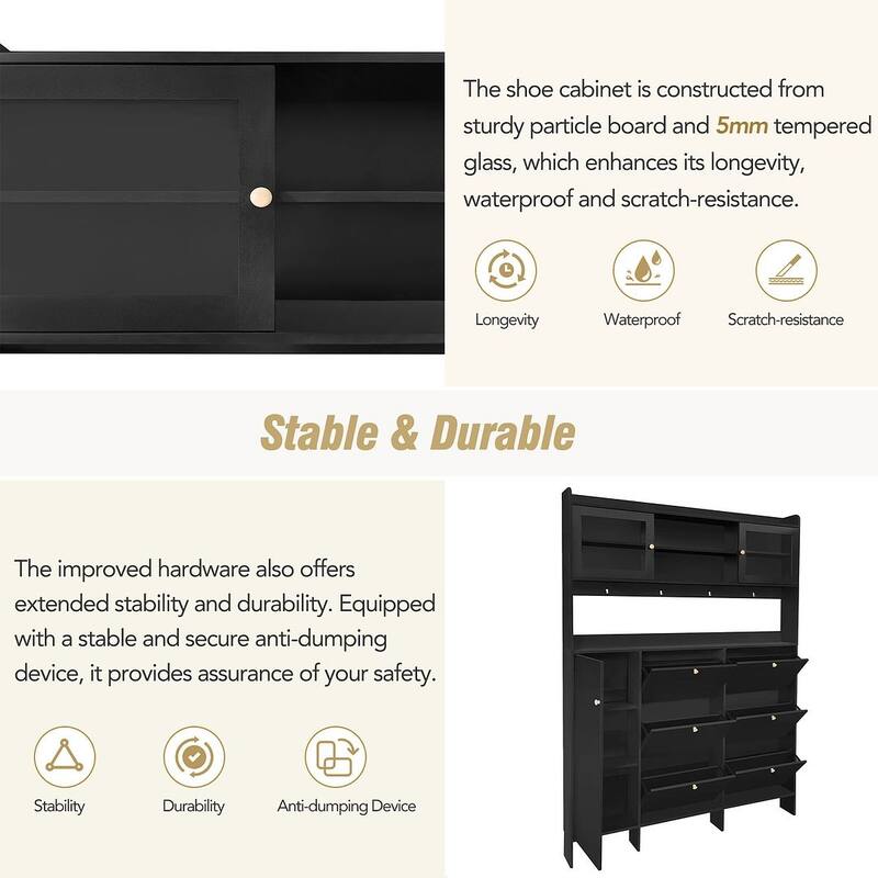 Hall Tree and Shoe Storage Bench with Flip Drawers and Doors