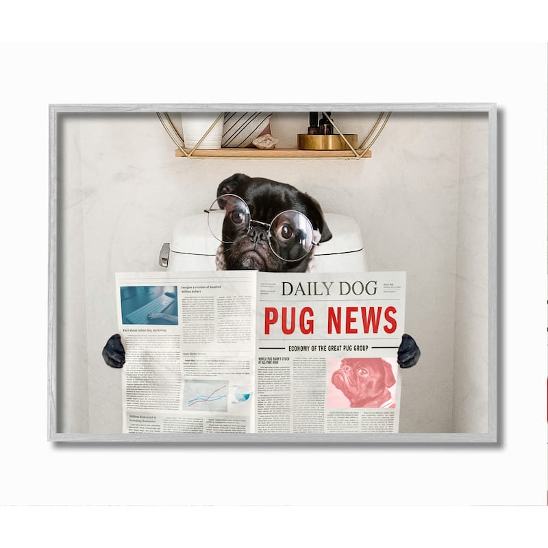 Stupell Bathroom Pug Daily Toilet Briefing Dog Humor Framed Wall Art - White