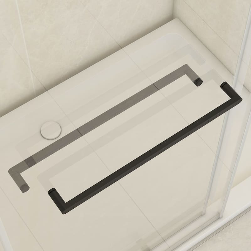 Double Sliding Door Soft-Closing System Frameless Corner Shower Enclosure in Matte Black 5/16 in.Tempered Glass